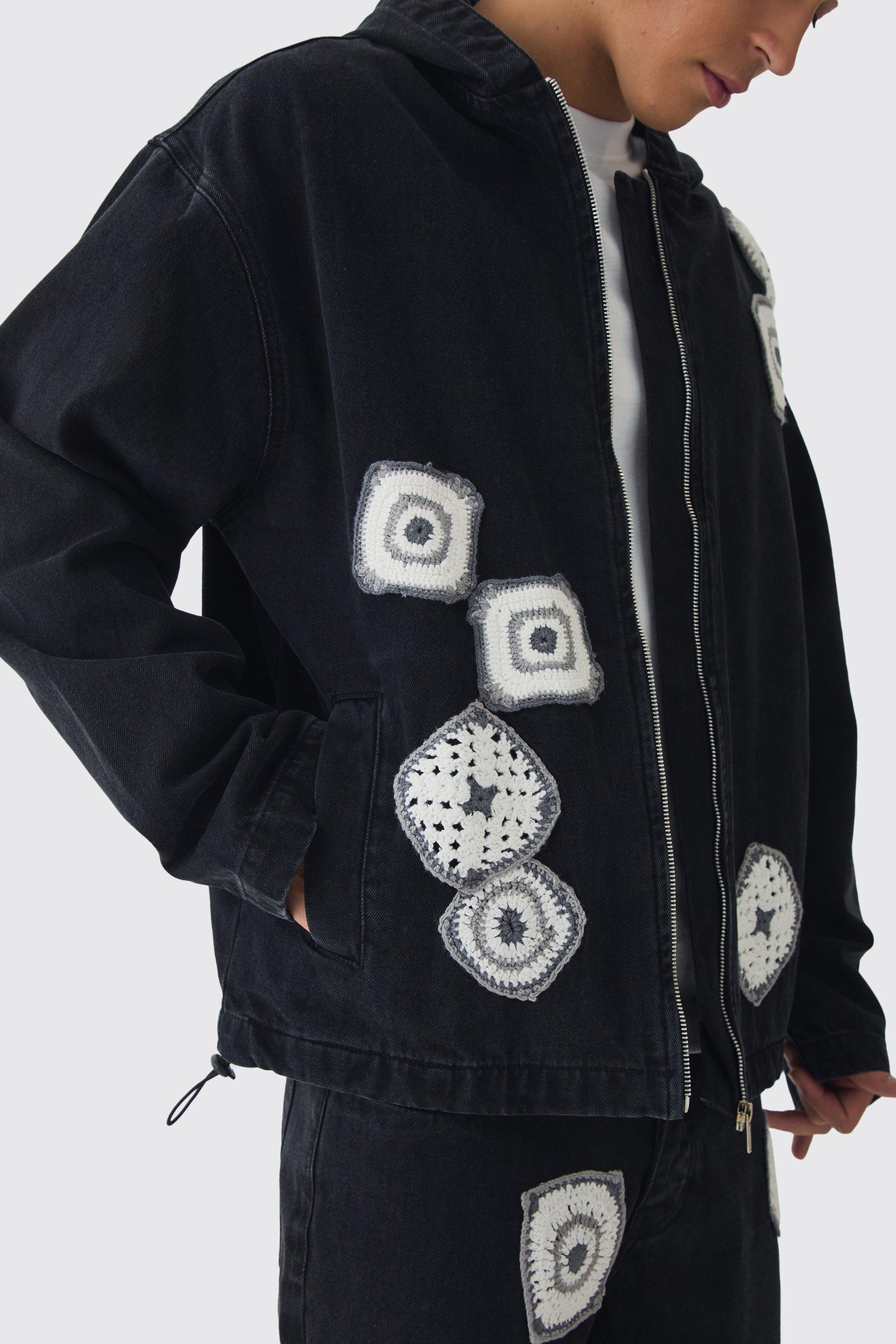 Relaxed Denim Zip Through Crochet Hoodie